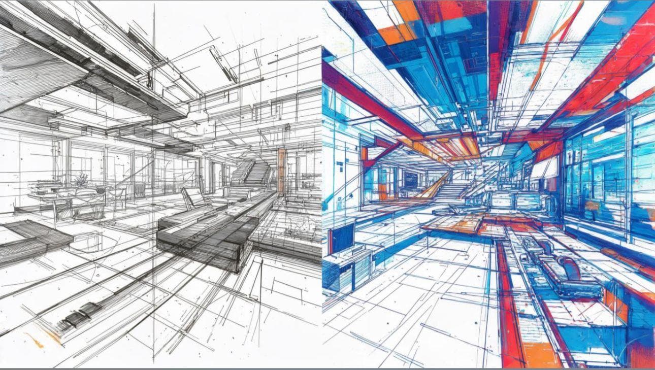 Architectural drawing showing blueprint to breakthrough concept